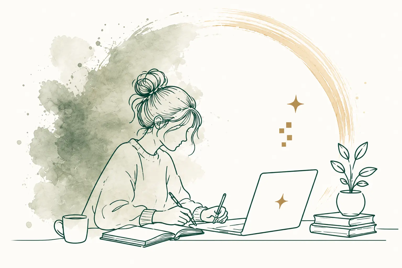 Writer with a bun drafting beside a laptop